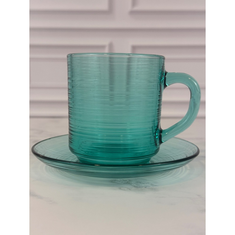 VTG Arcoroc Jardiniere Green Teal Ribbed 8 oz. Mug and Saucer Set